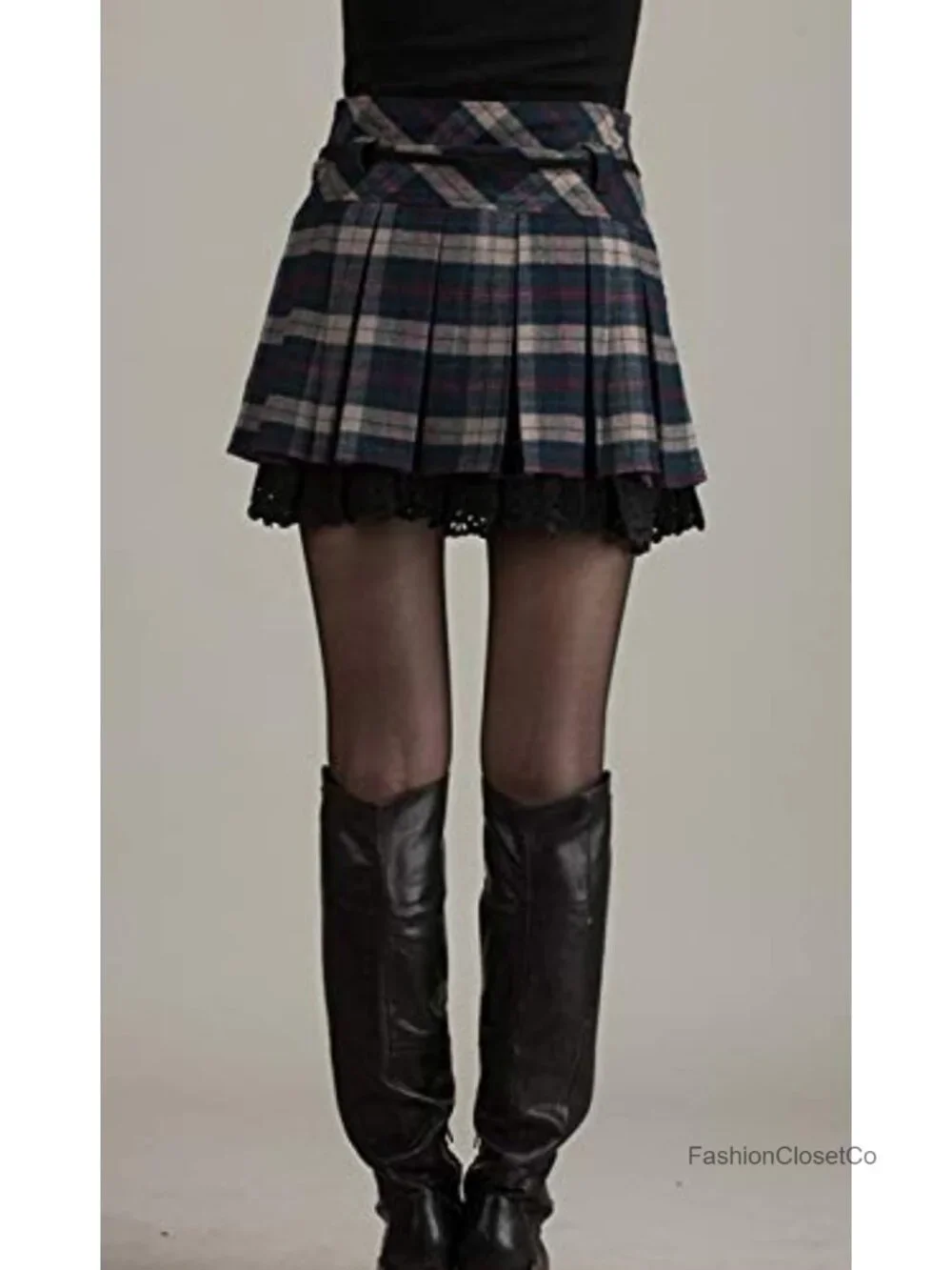 Women's A-Line Plaid Wool Blend Pleated Skirt with Side Zipper